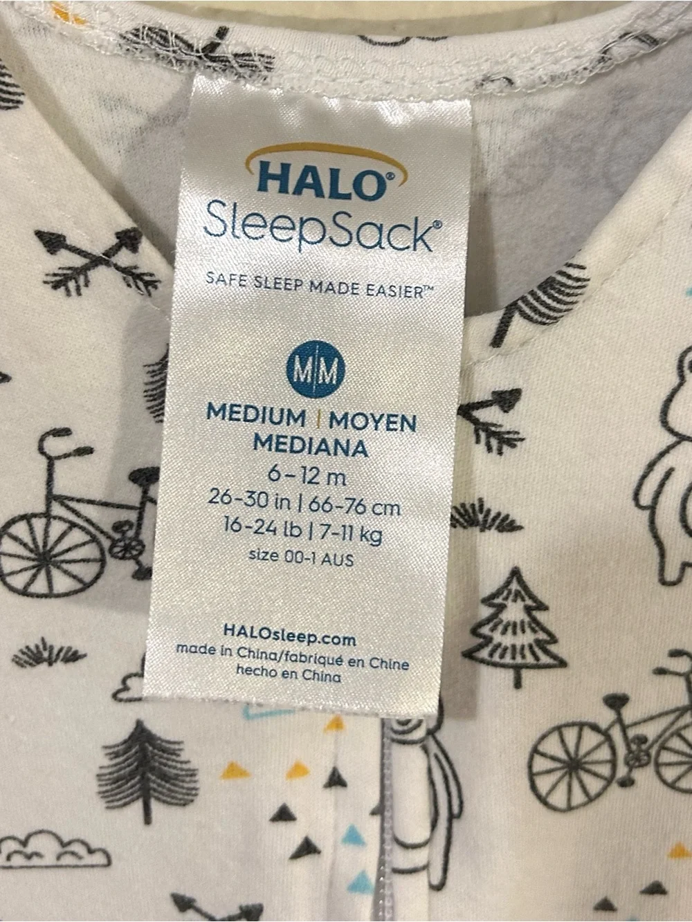 HALO White Bear & Bike Print Sleep Sack in White with Gray Accents 6-12 Months